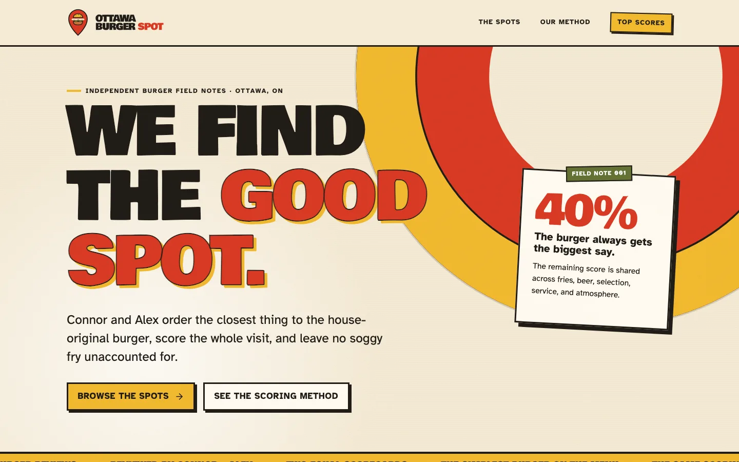 Ottawa Burger Spot landing page with its bold field-notes design and scoring method